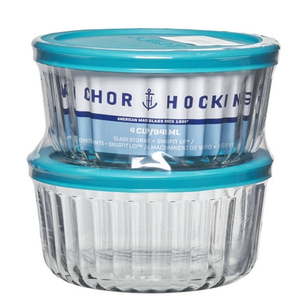 Anchor Hocking Sculpted Glass Food Storage Container with Lids, 4 Cup Round, Set of 2