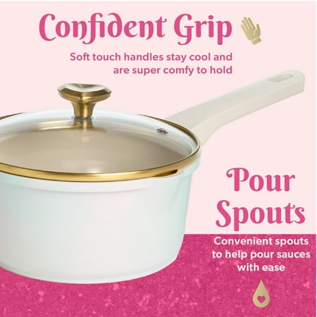 Paris Hilton Clean Ceramic Nonstick Cast Aluminum Cookware Set with Heart Knobs, Iridescent White, Other