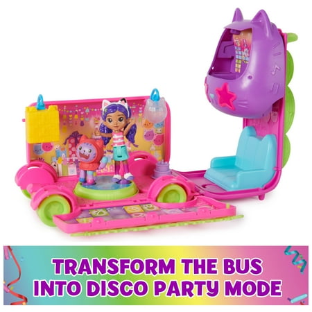 Gabby?s Dollhouse, Celebration Party Bus Transforming Vehicle Playset with Gabby & DJ Catnip Toy Figures