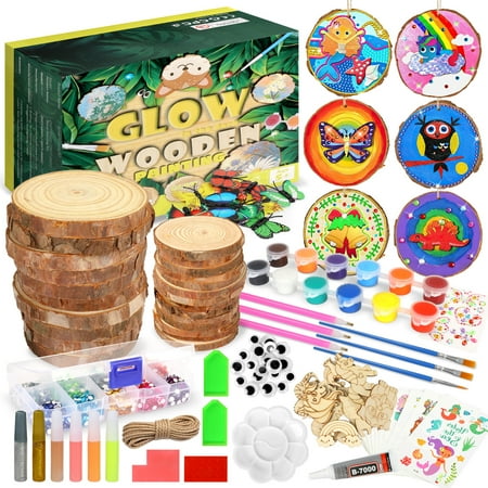 UQN Painting Kit for Kids - Glow In The Dark Wooden Slice Painting Kits - Arts & Crafts Kits Birthday Christmas Gifts for Kids Boys and Girls Ages 6-12