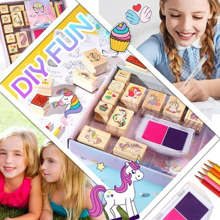 PinkSheep Unicorn Wooden Stamp Set, Arts Crafts Kit Set with 17 Stampers, 2 Ink pads, 5 Colored Pencils, 31 Stickers