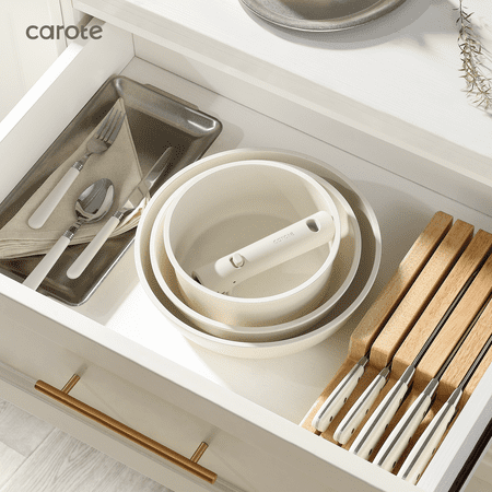 Carote Nonstick Cookware Sets, 15 Pcs Non Stick Pots and Pans Set with Removable Handle, White, White