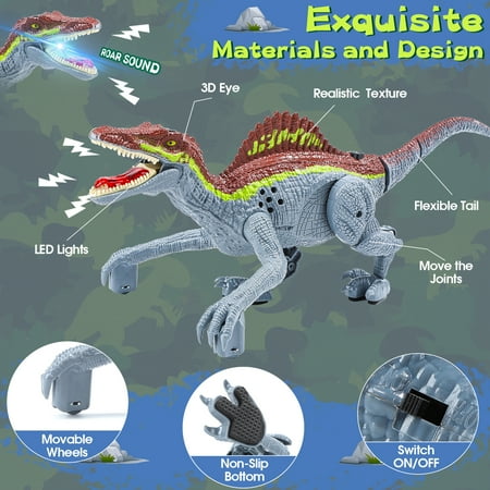 JoyStone Remote Control Dinosaur Toys, Gesture Sensing RC Dinosaurs - Realistic Walking, Roaring, and Spraying Spinosaurus Toys Robot Dinosaur for Kids, Grey