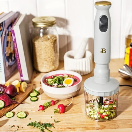 Beautiful 2-Speed Immersion Blender with Chopper & Measuring Cup, White Icing by Drew Barrymore, White