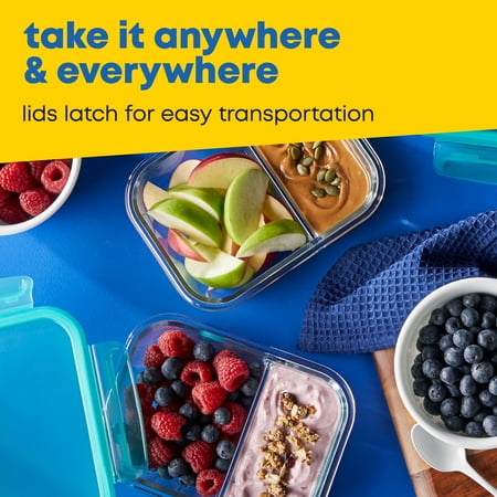 Pyrex MealBox 4-cup Divided Glass Food Storage Container with Turquoise Lid, 3.4 cup