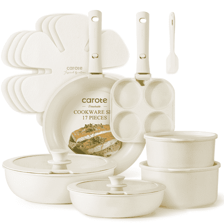 Carote Nonstick Cookware Sets, Granite Non Stick Pots and Pans Set with Removable Handle, 17 Pcs