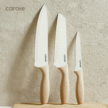 Carote 12Pcs Kitchen Knife Set with Blade Guards, White Granite Ceramic Knife, Stainless Steel, Off-White