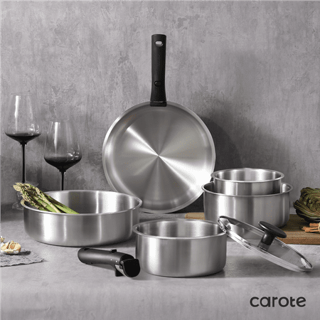 Carote Stainless Steel Pots and Pans, Cookware Set W/Detachable Handle, Oven Safe Induction Cookware, Stainless Steel White Set