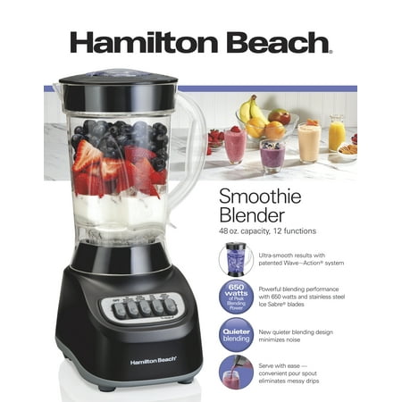 Hamilton Beach Smoothie Blender, 48 oz. Jar, Stainless Steel Blade, 12 Blending Functions, Black