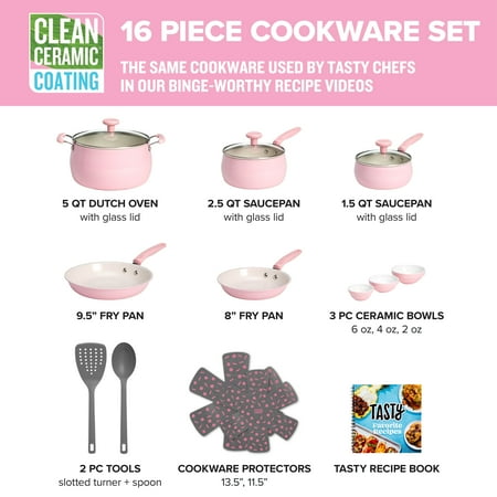 Tasty Clean Ceramic 16 Piece Non-Stick Aluminum Cookware Set, Pink