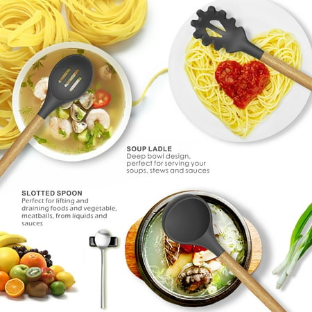 oannao Silicone Cooking Utensils Set - 446?F Heat Resistant Silicone Kitchen Utensils for Cooking,Kitchen Utensil Spatula Set w Wooden Handles,Holder, BPA FREE Gadgets for Non-Stick Cookware (Grey), Gray