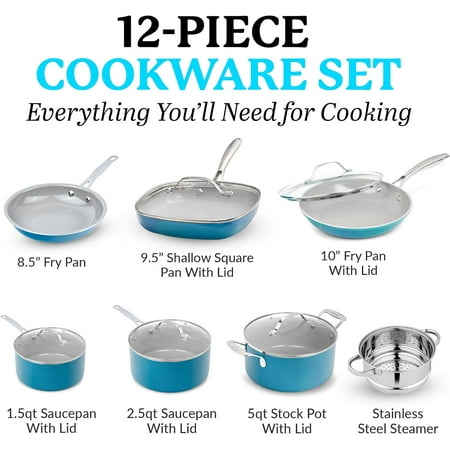 Gotham Steel 12 Piece Pots and Pans Nonstick Set Ceramic Cookware Kitchen Set, With Frying Skillet, Saucepan, Aqua Blue