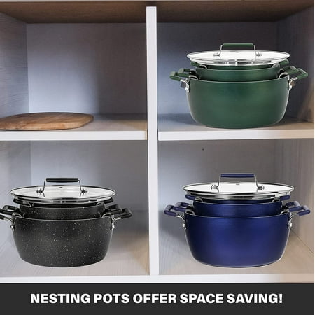 Granitestone Stackable Nonstick Pots 6 Piece Nesting Kitchen Cookware Set Cooking Pots 1.5 Qt 3.5 Qt 5 Qt Black, Black