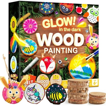 Joyfy 16-Piece Glow in the Dark Wood Slice Painting Art & Craft Kit for Kids, Creative Fun & DIY Projects