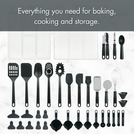 Mainstays 36 Piece Kitchen Gadget Set with Kitchen Cooking Utensils, and Drawer Organizer, Black