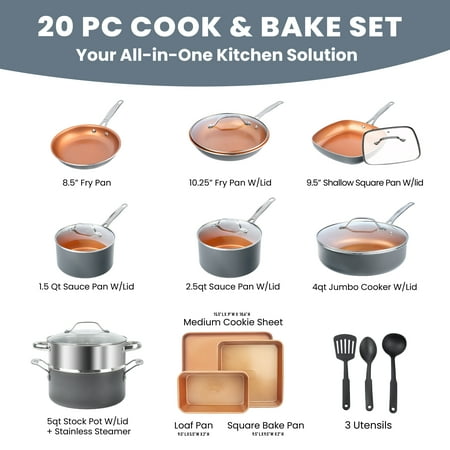 Gotham Steel Nonstick Pots and Pans 20 Pcs Set Ceramic Cookware Bakeware Kitchen Set With Frying Skillet CopperGray,