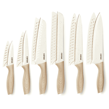 Carote 12Pcs Kitchen Knife Set with Blade Guards, White Granite Ceramic Knife, Stainless Steel, Off-White