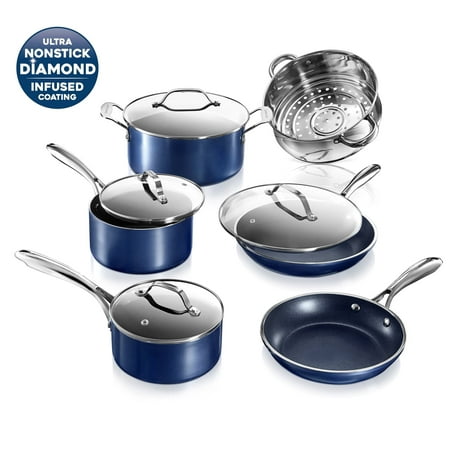 Granitestone Diamond Nonstick Pots and Pans 10 Piece Kitchen Cookware Set Cooking Frying Skillet Sauce Pan Stock Pot Blue