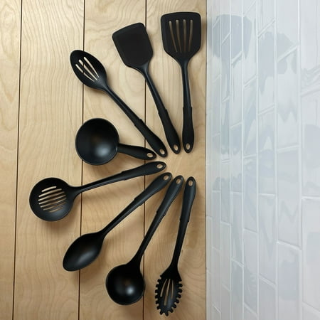 Mainstays 8-Piece Nylon Kitchen Utensil Set with Connector Ring, Black Plastic