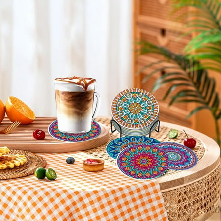 Diamond Painting Coasters with Holder,DIY Datura flower Life Coaster Diamond Art Kitsfor Beginners, Adults Small Diamond Painting Kit Art Craft Supplies(8 Pcs )