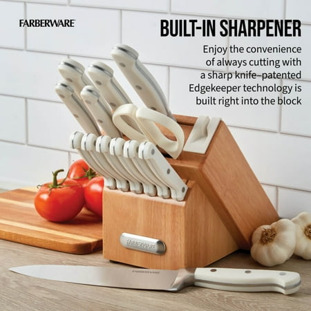 Farberware EdgeKeeper 14-Piece Forged Triple Rivet Kitchen Knife Set with Block White, White
