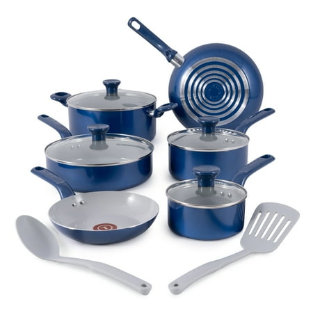 T-fal Easy Care Ceramic Non-Stick, 12 Piece Pots and Pans Cookware Set, Electric BlueBlue,