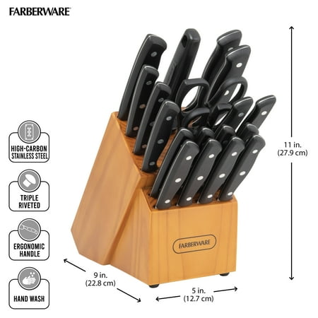 Farberware Stamped 20 Piece Triple Rivet Stainless Steel Kitchen Knife Set with Block Black