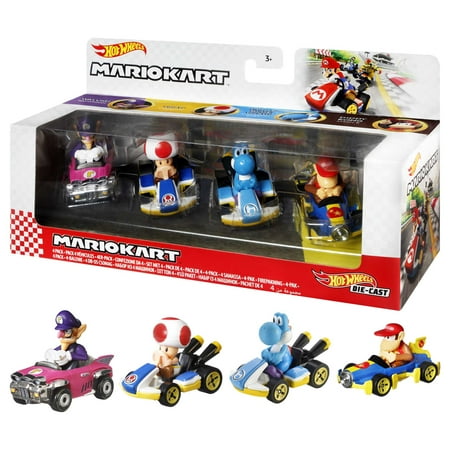 Hot Wheels Mario Kart Set of 4 Toy Character Vehicles, Includes 1 Exclusive Mario Toy (Styles May Vary), 0.68 lb, One Size, Multicolor