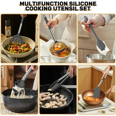 Silicone Cooking Utensil Set, 30 Pcs Kitchen Utensils Cooking Utensils Set, Food Grade Silicone Spatula Set, Non-stick Heat Resistant Silicone Cookware with Strong Stainless Steel Handle, Gray, Gray
