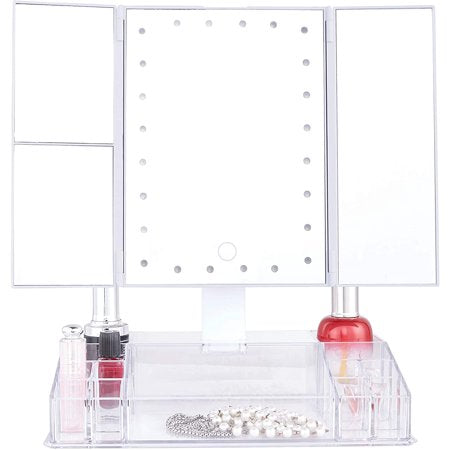 Elle Premiere Trifold Makeup Mirror with LED Lights and Organizer Storage Base, 1x 2X 3X Magnification