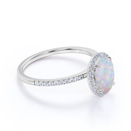 Antique 1.25 ct Oval Cut Opal and Moissanite Halo Promise Ring in 18k White Gold over Silver