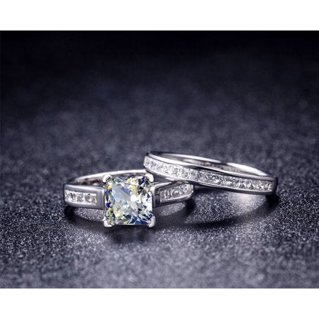 2 Carat Princess Cut Moissanite Wedding Set - Bridal Set - Engagement Ring - Channel Set Ring - Cluster Ring - 18k White Gold Over Silver, 8