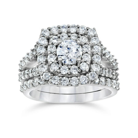 2 cttw Diamond Cushion Double Halo Engagement Wedding Ring Set 10k White Gold, White Gold, 7