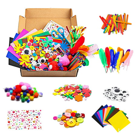 Jytue 1000PCS DIY Art Craft Kit Craft Art Supply Set Creative Arts and Crafts Kit Included Pipe Cleaners Feather Foam Flowers Letters Sticker Popsicle Sticks Scissors