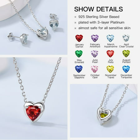 Women 925 Sterling Silver Birthstone Love Heart Necklace, Birthday Valentines Gift