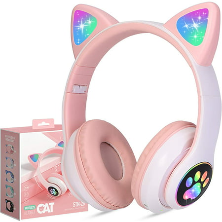Kids Headphones, Cat Ear Wireless Headphones, LED Light Up Bluetooth Over On Ear Pink Headphones for Toddler Boy Girl Teen Children w/Microphone for iPhone/iPad/Laptop/School Christmas gift for girls, Pink