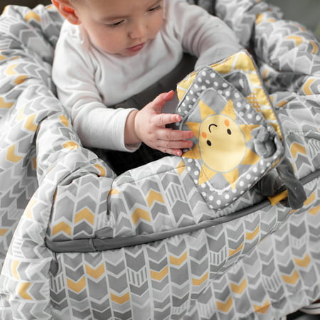 Boppy Shopping Cart and High Chair Cover | Sunshine Gray and Yellow Chevron with Sun Book Toy | 2-Point Safety Belt | Wipeable, Machine Washable | 6-48 monthsGray,