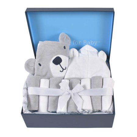 Gerber Baby Boy or Girl Unisex Velour Hooded Towel, Robe, & Washcloths Baby Shower Gift Box Set, 10-PieceBear,