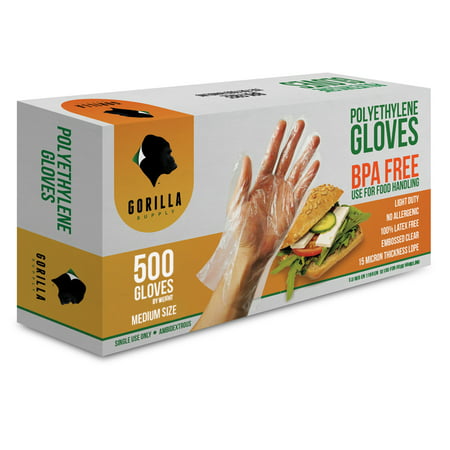 Gorilla Supply Disposable Kichen Poly PE Gloves, Food Grade, BPA Free, 500 Count, Medium, M
