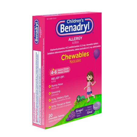 Children's Benadryl Allergy Chewables with Diphenhydramine HCl, Antihistamine Chewable Tablets in Grape Flavor, 20 ct (Pack of 3)