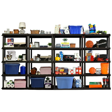 Hyper Tough 74" H x 18" D x 36" W 5 Shelf Plastic Garage Shelves, Pack of 4 Storage Shelving Units, Black 750 lbs Capacity