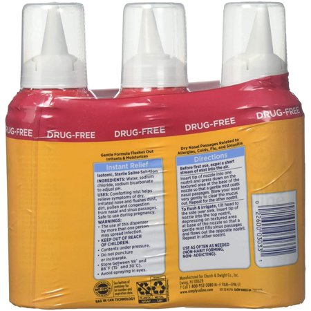 Arm & Hammer Simply Saline Nasal Relief Mist Spray- Giant Size - 4.25 FL OZ Per Bottle (3 Bottles)