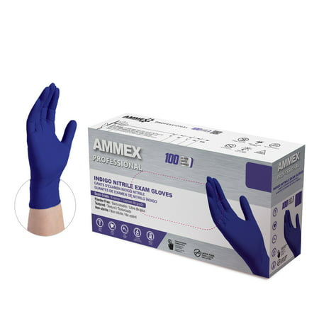 AMMEX Indigo Nitrile Disposable Exam Gloves, 3 Mil, Small, 100/Box, S