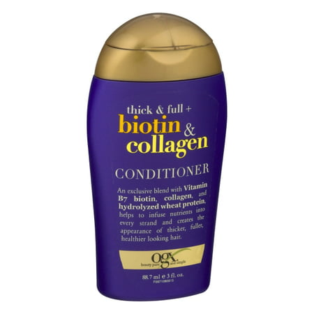 OGX Thick & Full + Biotin & Collagen Volumizing Conditioner for Thin Hair, with Vitamin B7 & Hydrolyzed Wheat Protein, Paraben-Free, Sulfate-Free Surfactants, 3 fl. oz