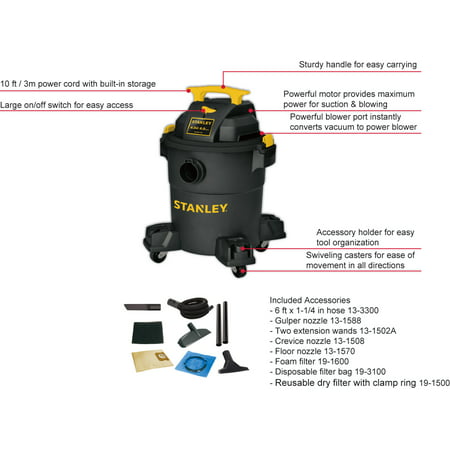 STANLEY 6 Gallon 4 Peak HP Poly Wet Dry Vacuum SL18116P