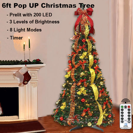 Pop Up Christmas Tree with Remote, 6FT Pull Up Christmas Tree with Lights Pre-lit 200LED Warm Lights, Artificial Xmas Trees Decorated Holiday Party Decorations Red Gold, 6'