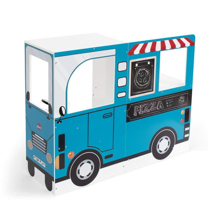 Plum Play 3-in-1 Wooden Street Food Truck and Kitchen with Driving Cab, #41108AD83, Light-Up Burners with Sound, Kitchen Utensils. 41.33" x 12" x 31.5"