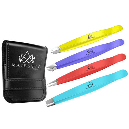 Majestic Bombay 4-Piece-Stainless Steel Slant Tip + Sharp Pointed Eyebrow Tweezer Set-Precision Facial Hair Removal, Eyebrow, Splinter, Blackhead, Ingrown Hair/Tick Remover (Multi-Color), Multicolor