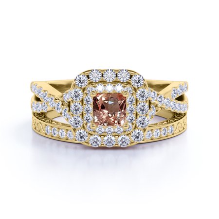 1.25 carat - Princess Cut - Champagne created morganite - Double Halo - Twisted Band - Vintage Inspired - Wedding Ring Set in 18K Yellow Gold over Silver, Yellow, 7
