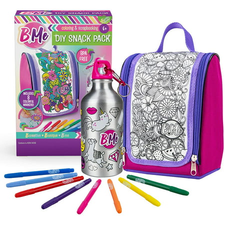 B Me DIY Snack Pack ? Color-Your-Own Lunch Bag & Water Bottle Kit for Girls ? BPA-Free Thermos, Insulated Lunch Box & 8 Magic Markers ? Birthday Gift for Kids Age 6+